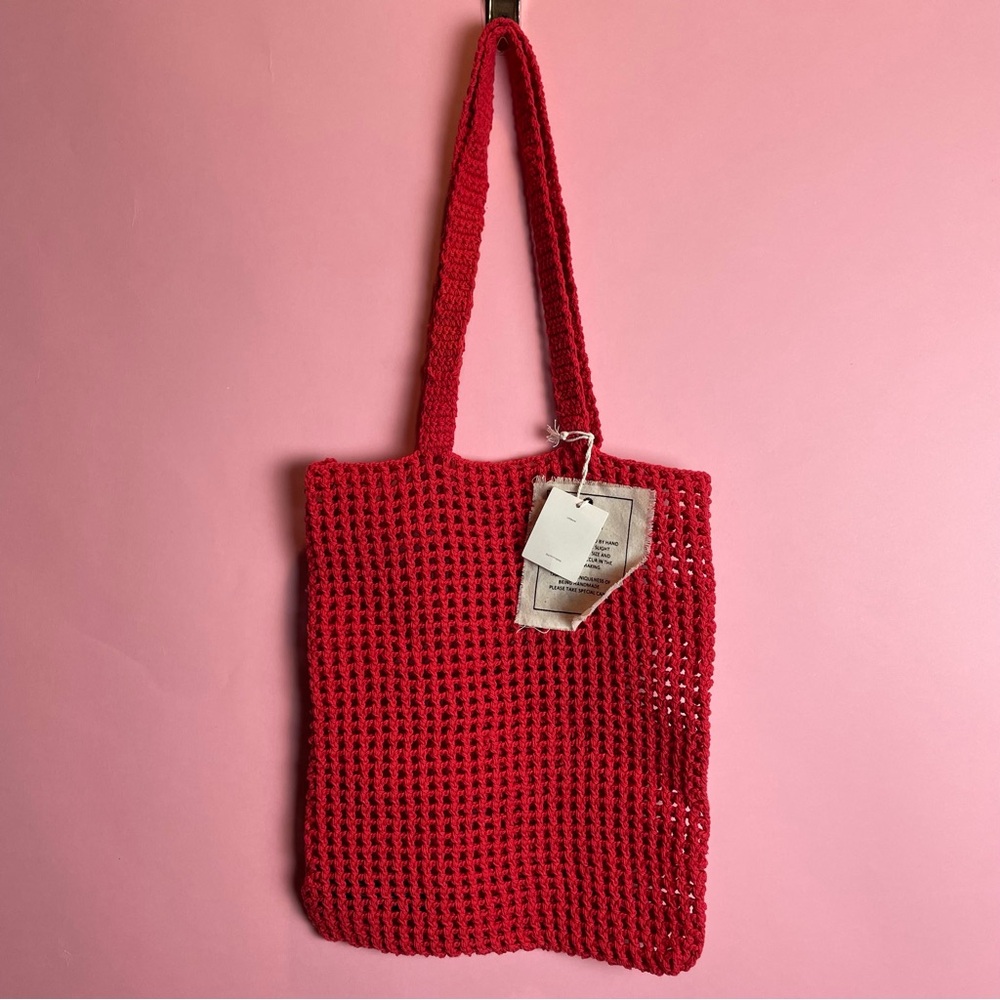 Urban Outfitters NWT Red Crochet Tote Bag Purse Handmade in Bali Market Tote